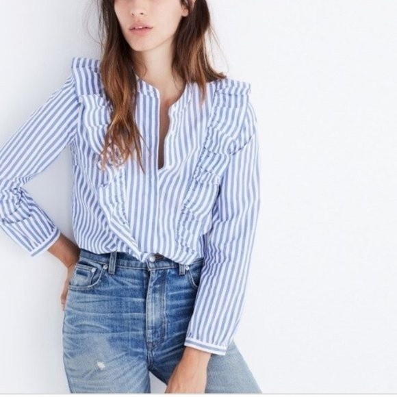 Madewell Tops - Madewell Whitney blue Striped Ruffle Blouse XXS